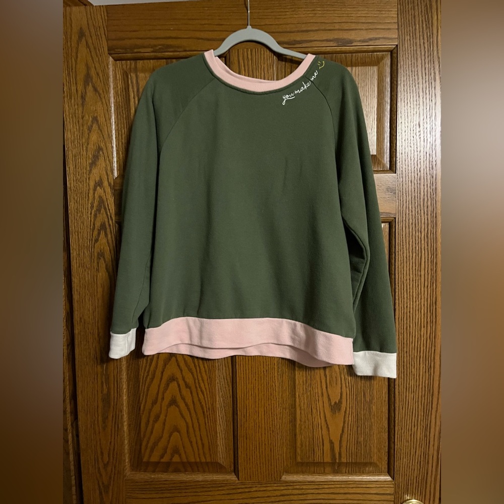 Time and Tru Olive and Blush Pink Sweatshirt You Make Me Smile -Size L (12-14)